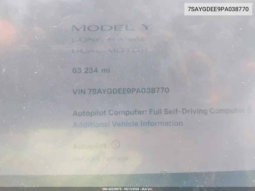 2023 Tesla Model Y Awd/Long Range Dual Motor All-Wheel Drive VIN: 7SAYGDEE9PA038770 Lot: 42235075