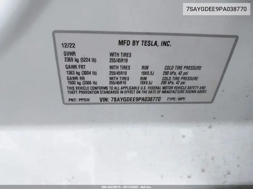 2023 Tesla Model Y Awd/Long Range Dual Motor All-Wheel Drive VIN: 7SAYGDEE9PA038770 Lot: 42235075