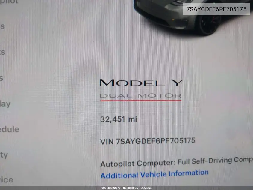2023 Tesla Model Y Performance Dual Motor All-Wheel Drive VIN: 7SAYGDEF6PF705175 Lot: 42622079
