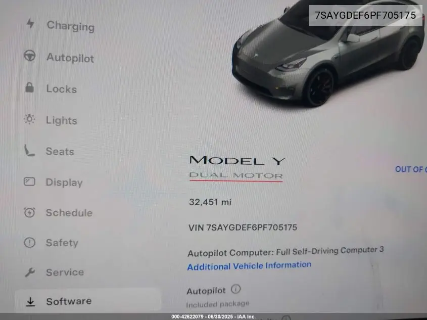 2023 Tesla Model Y Performance Dual Motor All-Wheel Drive VIN: 7SAYGDEF6PF705175 Lot: 42622079