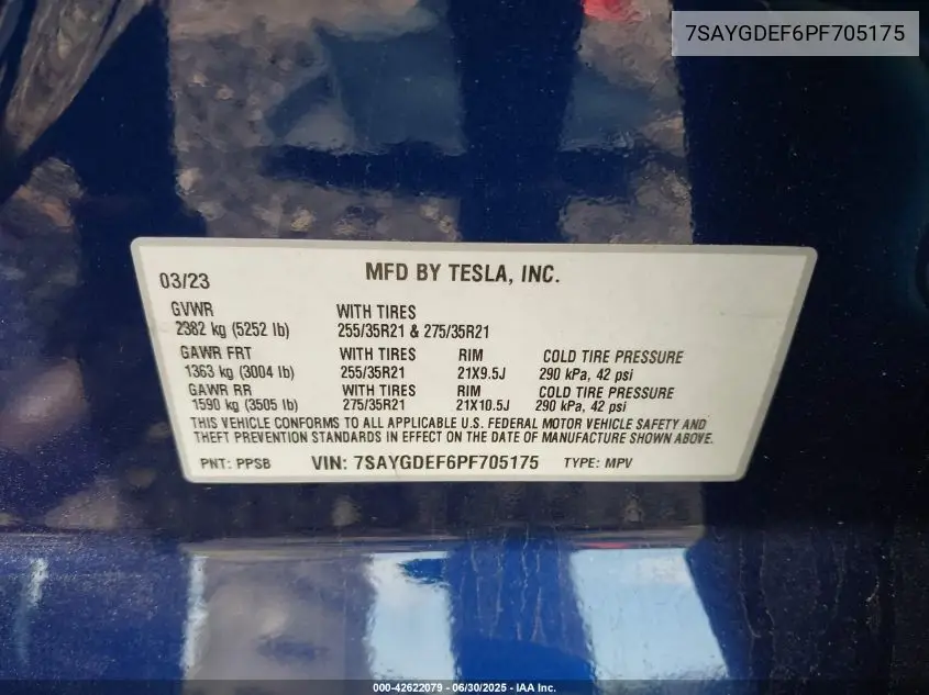 2023 Tesla Model Y Performance Dual Motor All-Wheel Drive VIN: 7SAYGDEF6PF705175 Lot: 42622079