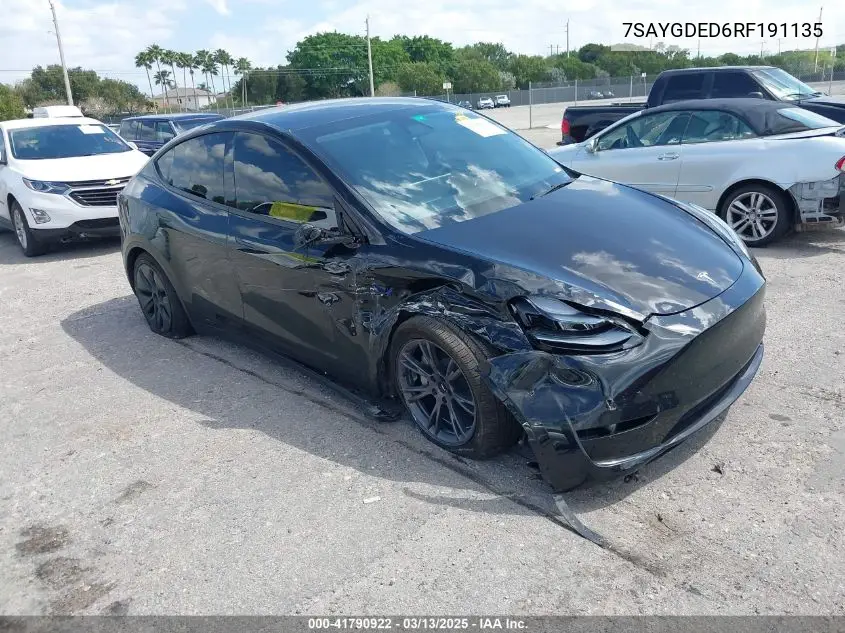 2024 Tesla Model Y Long Range Dual Motor All-Wheel Drive/Rwd VIN: 7SAYGDED6RF191135 Lot: 41790922