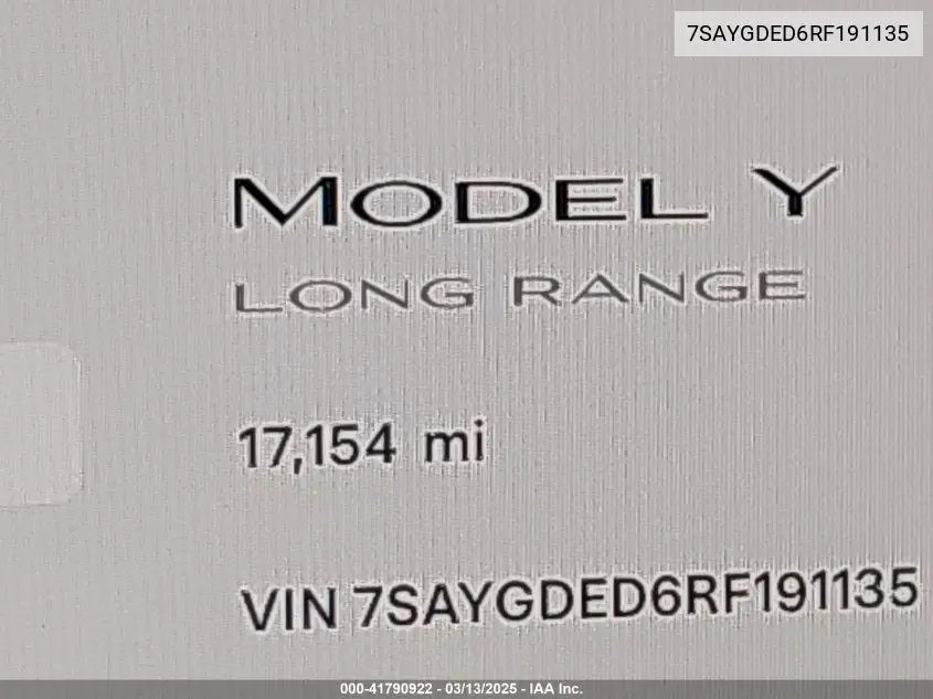 2024 Tesla Model Y Long Range Dual Motor All-Wheel Drive/Rwd VIN: 7SAYGDED6RF191135 Lot: 41790922