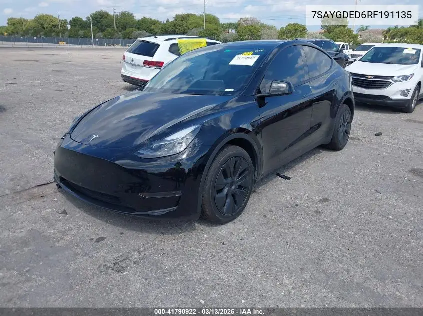 2024 Tesla Model Y Long Range Dual Motor All-Wheel Drive/Rwd VIN: 7SAYGDED6RF191135 Lot: 41790922