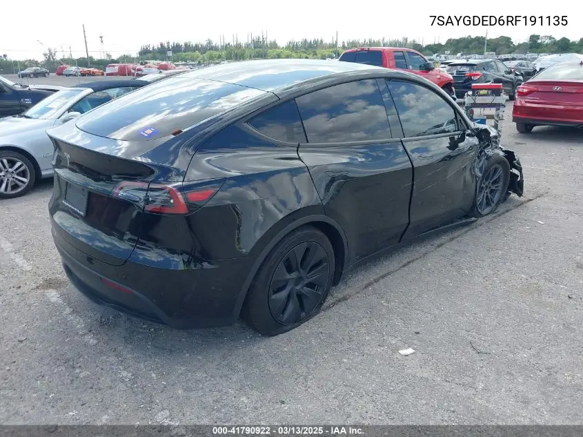 2024 Tesla Model Y Long Range Dual Motor All-Wheel Drive/Rwd VIN: 7SAYGDED6RF191135 Lot: 41790922