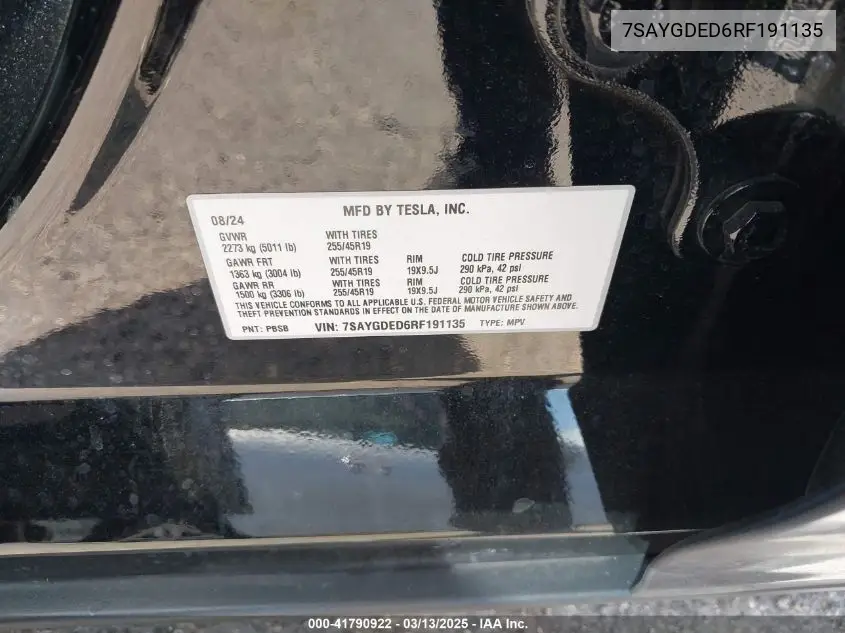 2024 Tesla Model Y Long Range Dual Motor All-Wheel Drive/Rwd VIN: 7SAYGDED6RF191135 Lot: 41790922