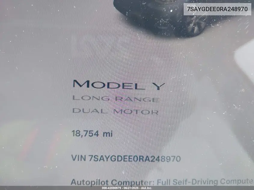 2024 Tesla Model Y Long Range Dual Motor All-Wheel Drive VIN: 7SAYGDEE0RA248970 Lot: 42590979