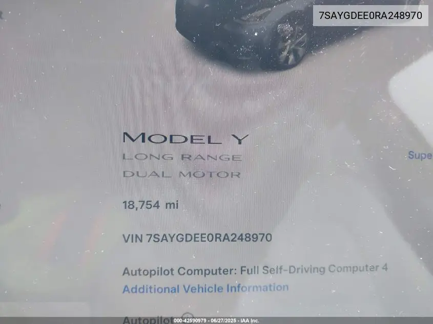 2024 Tesla Model Y Long Range Dual Motor All-Wheel Drive VIN: 7SAYGDEE0RA248970 Lot: 42590979