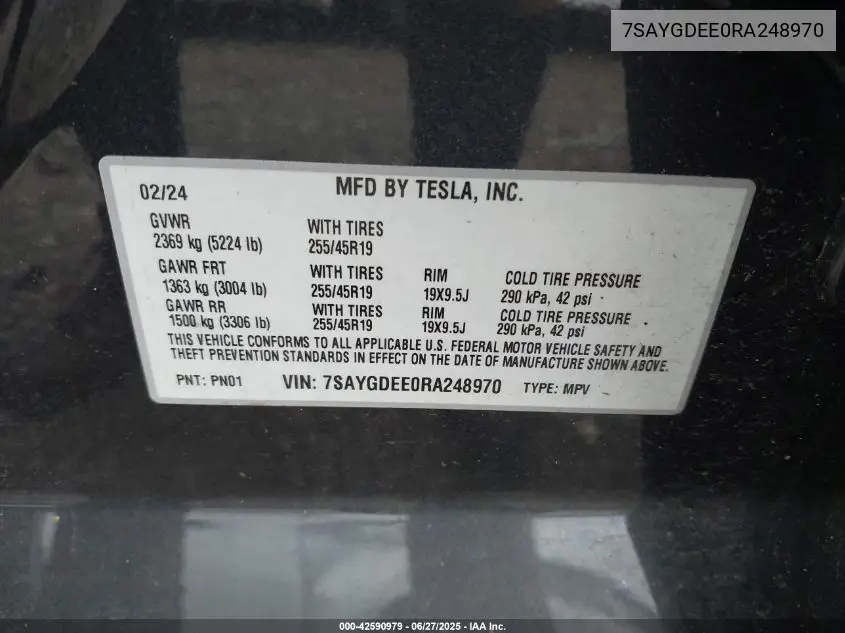 2024 Tesla Model Y Long Range Dual Motor All-Wheel Drive VIN: 7SAYGDEE0RA248970 Lot: 42590979