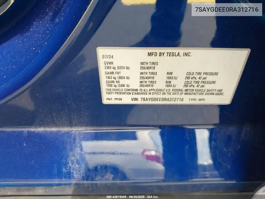 2024 Tesla Model Y Long Range Dual Motor All-Wheel Drive VIN: 7SAYGDEE0RA312716 Lot: 42619309