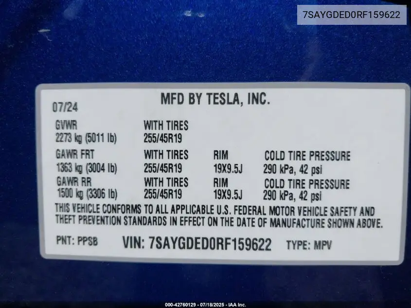 2024 Tesla Model Y Long Range Dual Motor All-Wheel Drive/Rwd VIN: 7SAYGDED0RF159622 Lot: 42760129