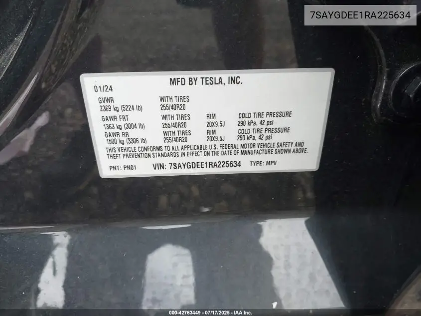 2024 Tesla Model Y Long Range Dual Motor All-Wheel Drive VIN: 7SAYGDEE1RA225634 Lot: 42763449