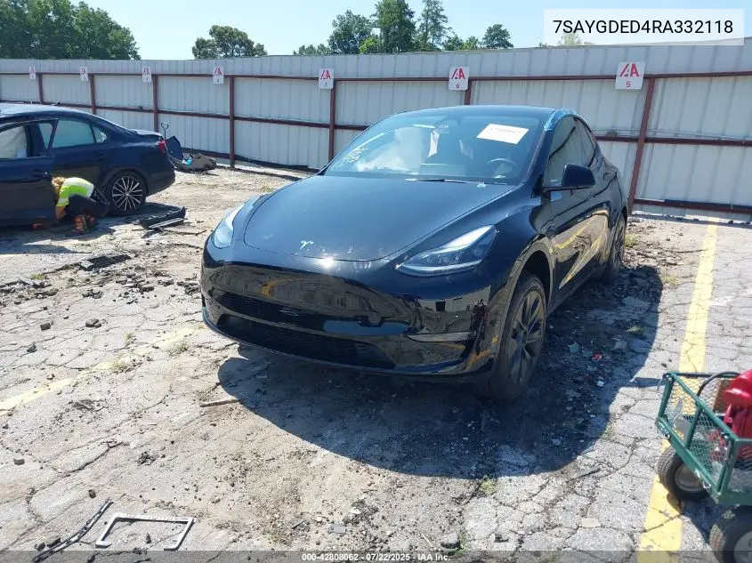 2024 Tesla Model Y Long Range Dual Motor All-Wheel Drive/Rwd VIN: 7SAYGDED4RA332118 Lot: 42808062