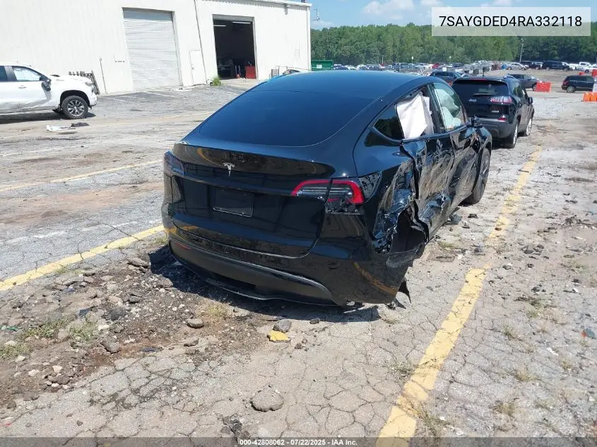 2024 Tesla Model Y Long Range Dual Motor All-Wheel Drive/Rwd VIN: 7SAYGDED4RA332118 Lot: 42808062