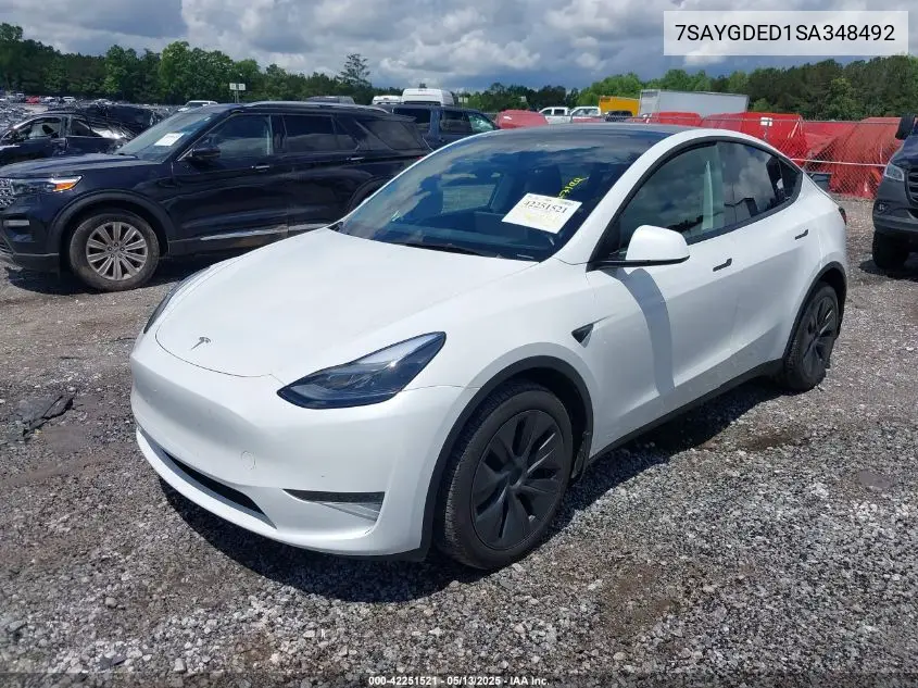 2025 Tesla Model Y Long Range Dual Motor All-Wheel Drive VIN: 7SAYGDED1SA348492 Lot: 42251521