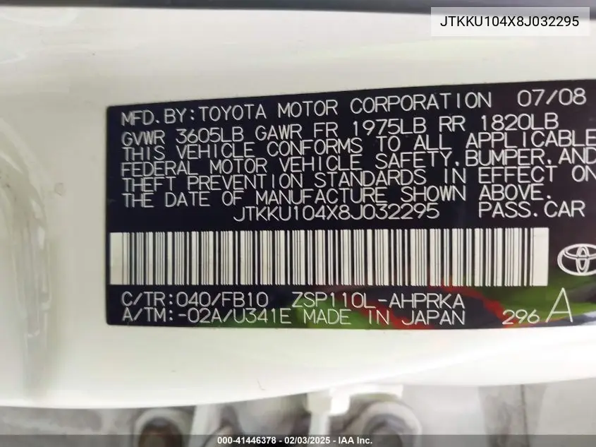 2008 Toyota Scion Xd VIN: JTKKU104X8J032295 Lot: 41446378