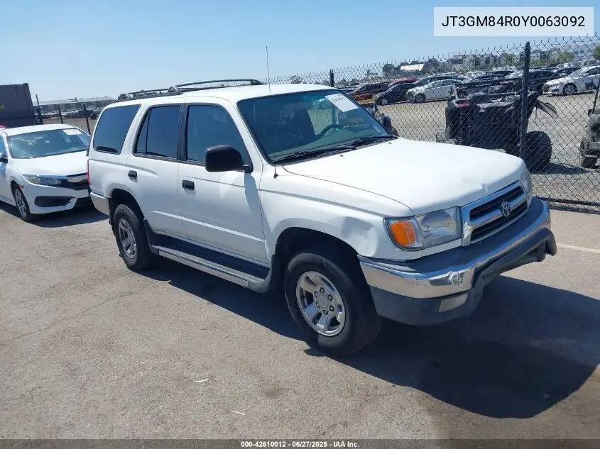 2000 Toyota 4Runner VIN: JT3GM84R0Y0063092 Lot: 42610012