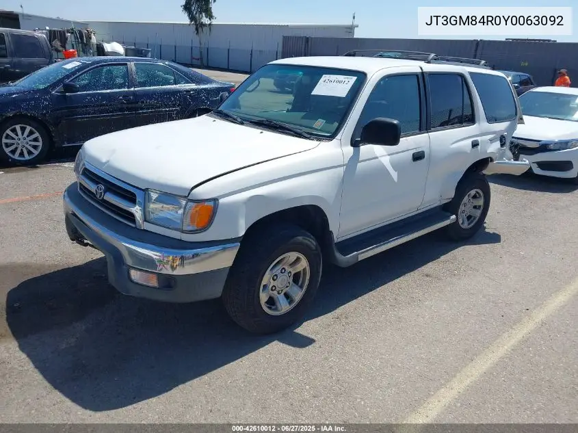 2000 Toyota 4Runner VIN: JT3GM84R0Y0063092 Lot: 42610012