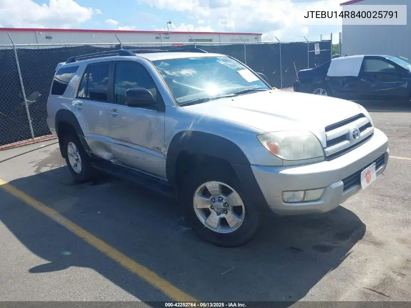 2004 Toyota 4Runner Sr5 V6 VIN: JTEBU14R840025791 Lot: 42252764