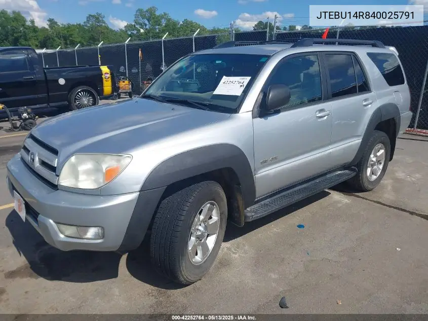 2004 Toyota 4Runner Sr5 V6 VIN: JTEBU14R840025791 Lot: 42252764