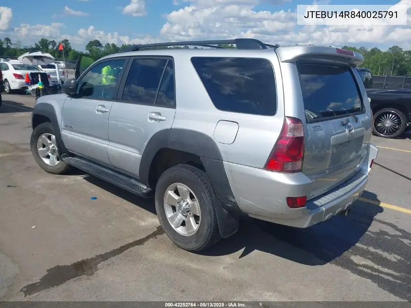 2004 Toyota 4Runner Sr5 V6 VIN: JTEBU14R840025791 Lot: 42252764