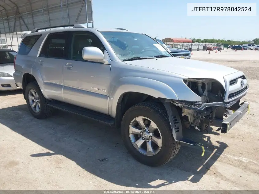 2007 Toyota 4Runner Limited V8 VIN: JTEBT17R978042524 Lot: 42257933