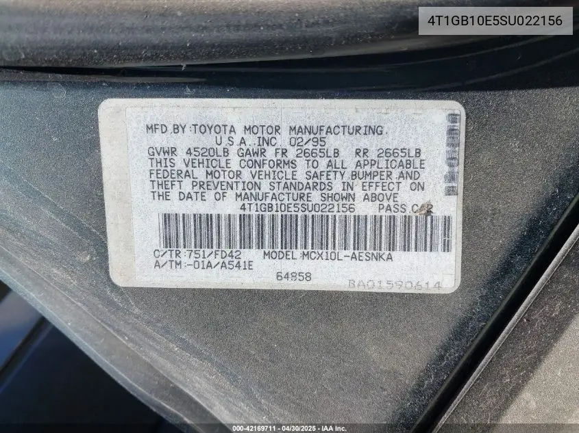 1995 Toyota Avalon Xl VIN: 4T1GB10E5SU022156 Lot: 42169711