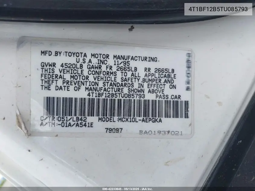 1996 Toyota Avalon Xl/Xls VIN: 4T1BF12B5TU085793 Lot: 42233645