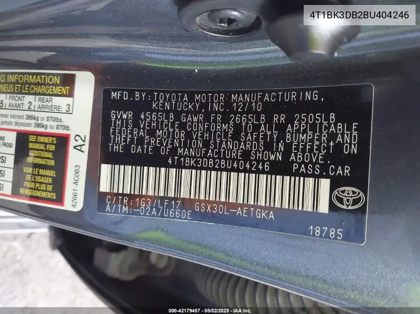 2011 Toyota Avalon Limited VIN: 4T1BK3DB2BU404246 Lot: 42179457