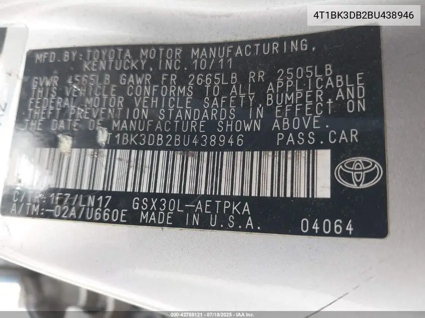 2011 Toyota Avalon Limited VIN: 4T1BK3DB2BU438946 Lot: 42785121