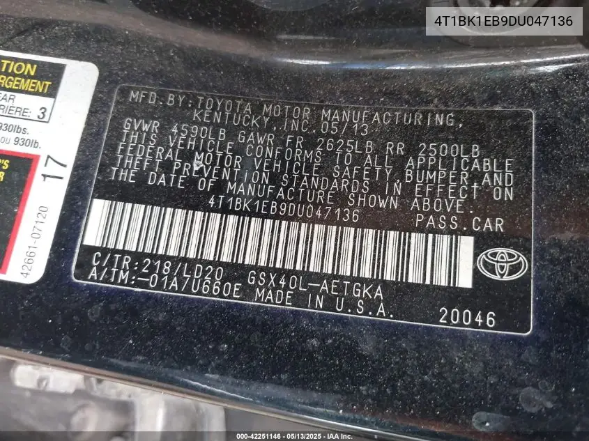 2013 Toyota Avalon Xle VIN: 4T1BK1EB9DU047136 Lot: 42251146