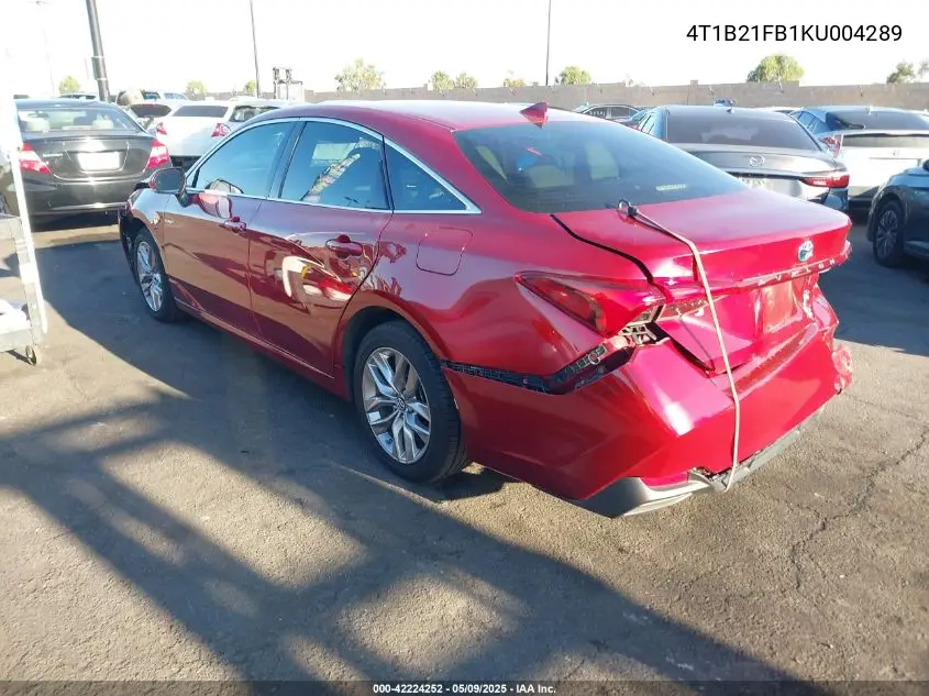 2019 Toyota Avalon Hybrid Xle VIN: 4T1B21FB1KU004289 Lot: 42224252