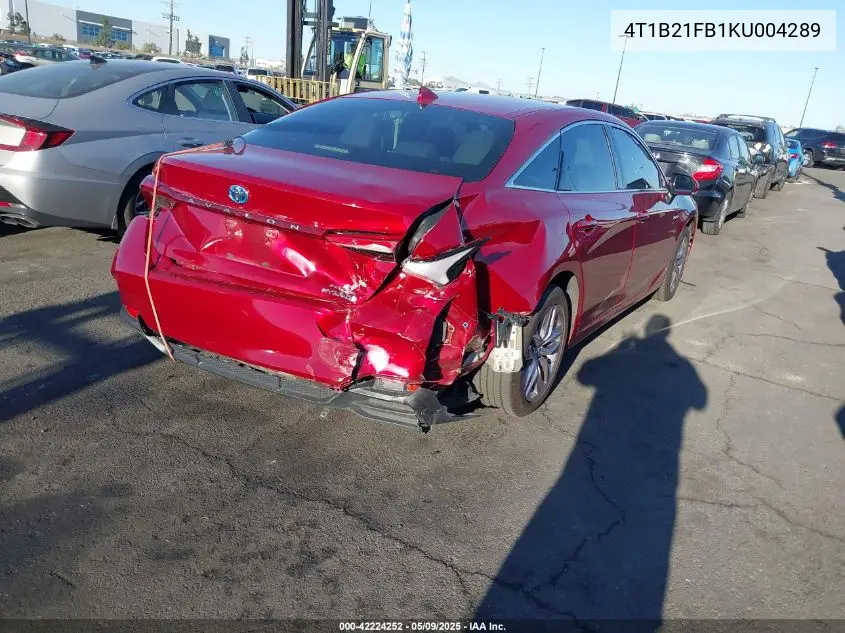 2019 Toyota Avalon Hybrid Xle VIN: 4T1B21FB1KU004289 Lot: 42224252
