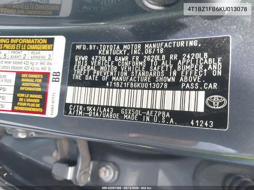 2019 Toyota Avalon Limited VIN: 4T1BZ1FB6KU013078 Lot: 42251306