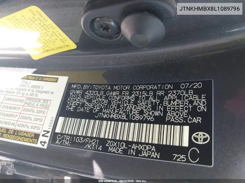 2020 Toyota C-Hr Le VIN: JTNKHMBX8L1089796 Lot: 42567918