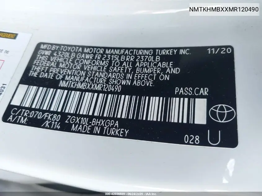 2021 Toyota C-Hr Xle VIN: NMTKHMBXXMR120490 Lot: 42556589