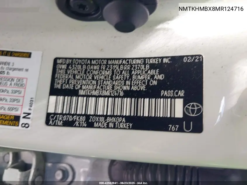 2021 Toyota C-Hr Xle VIN: NMTKHMBX8MR124716 Lot: 42562841