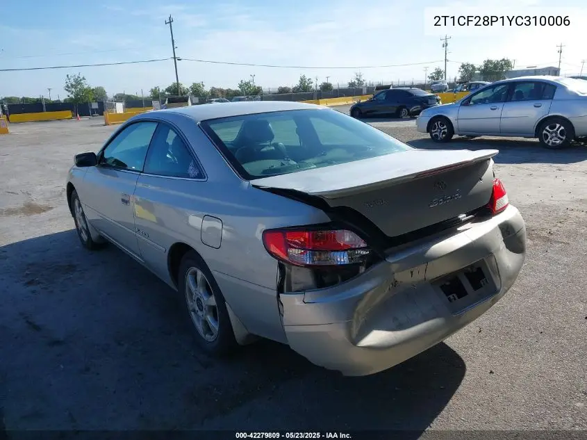 2000 Toyota Camry Solara Sle V6 VIN: 2T1CF28P1YC310006 Lot: 42279809