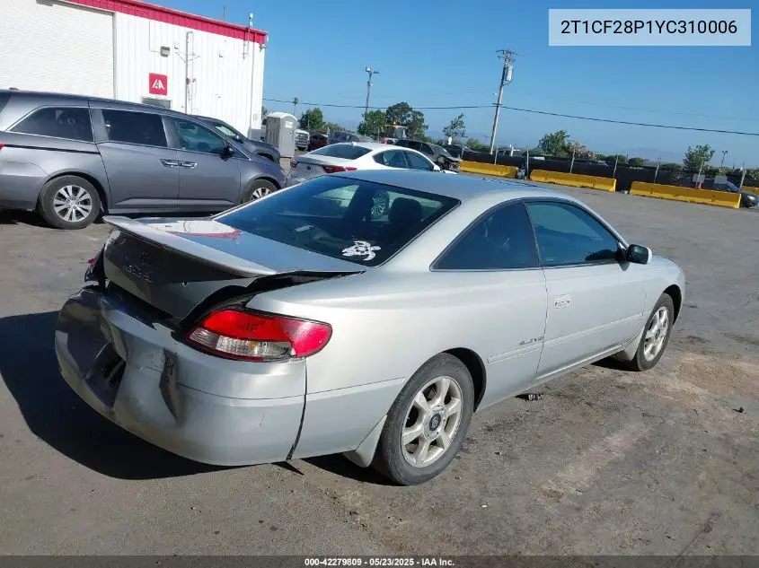 2000 Toyota Camry Solara Sle V6 VIN: 2T1CF28P1YC310006 Lot: 42279809