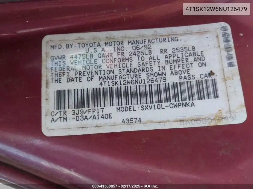 1992 Toyota Camry Le VIN: 4T1SK12W6NU126479 Lot: 41580857