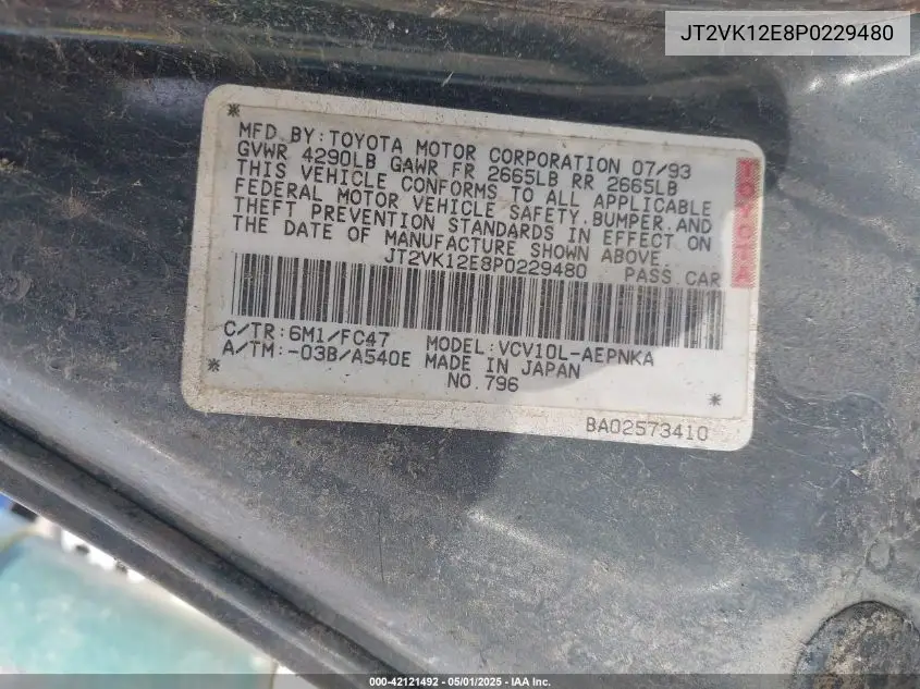 1993 Toyota Camry Le VIN: JT2VK12E8P0229480 Lot: 42121492