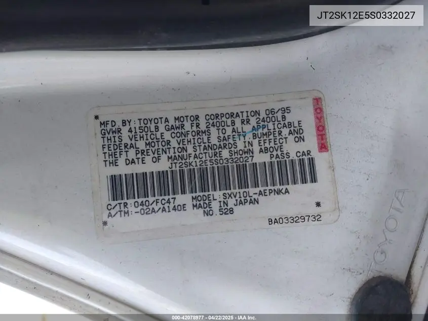 1995 Toyota Camry Le VIN: JT2SK12E5S0332027 Lot: 42078977