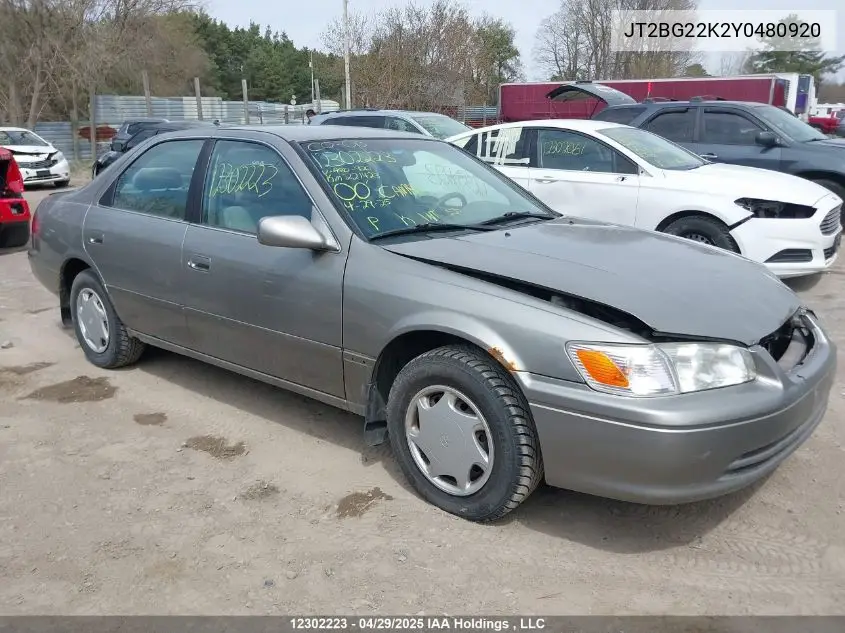 2000 Toyota Camry Ce/Le/Xle VIN: JT2BG22K2Y0480920 Lot: 12302223