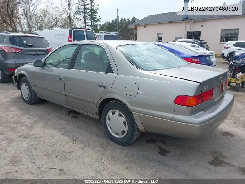 2000 Toyota Camry Ce/Le/Xle VIN: JT2BG22K2Y0480920 Lot: 12302223