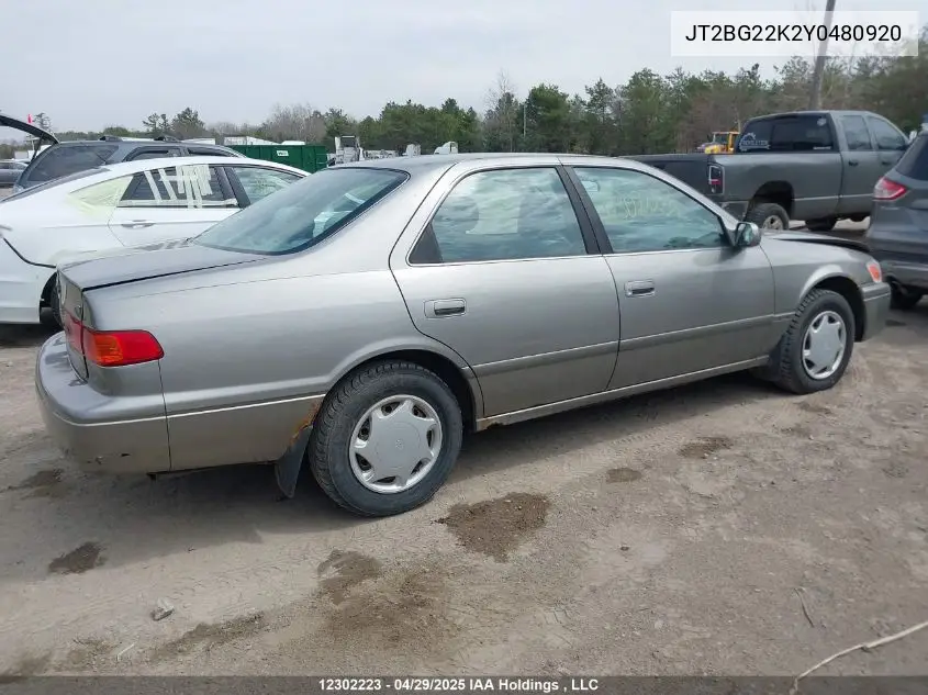 2000 Toyota Camry Ce/Le/Xle VIN: JT2BG22K2Y0480920 Lot: 12302223