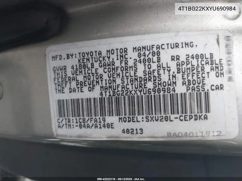 2000 Toyota Camry Ce VIN: 4T1BG22KXYU690984 Lot: 42222118