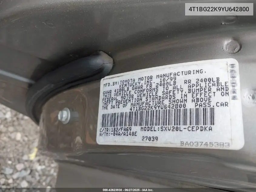 2000 Toyota Camry Ce VIN: 4T1BG22K9YU642800 Lot: 42623938