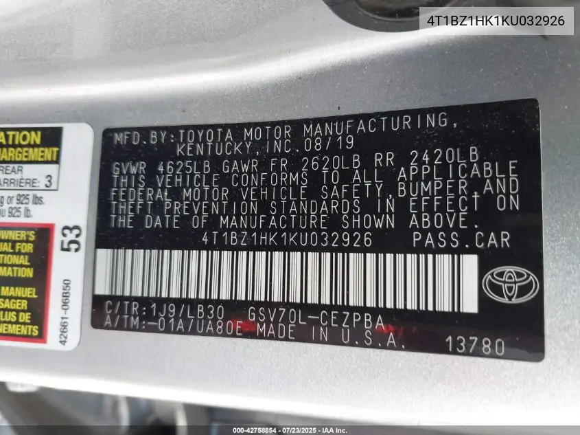 4t1bz1hk1ku032926 4T1BZ1HK1KU032926 2019 Toyota Camry Xse V6