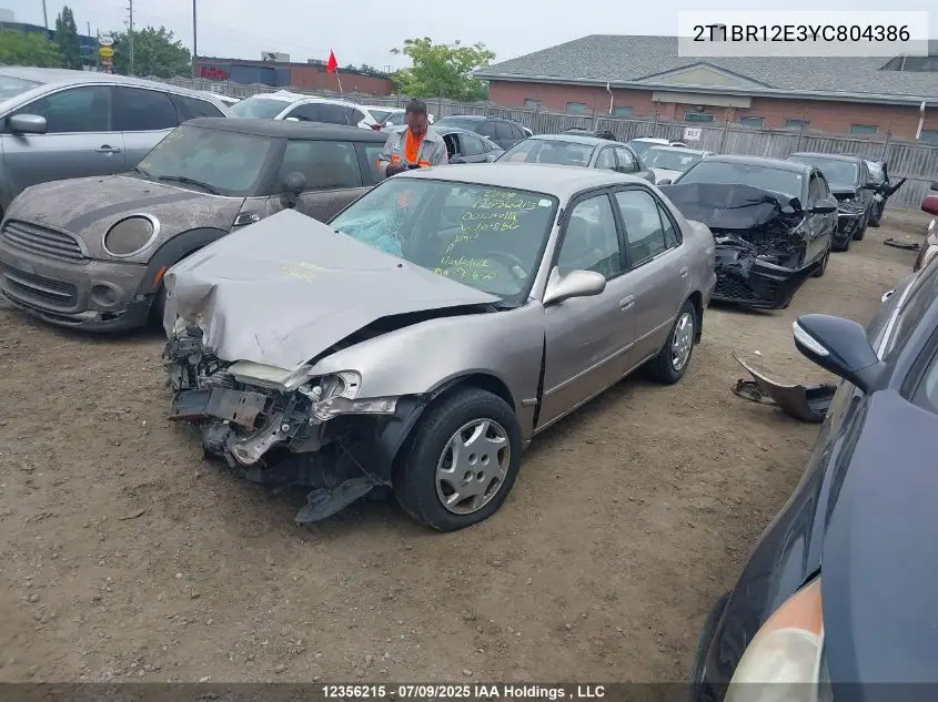 2000 Toyota Corolla Ce/Le VIN: 2T1BR12E3YC804386 Lot: 12356215