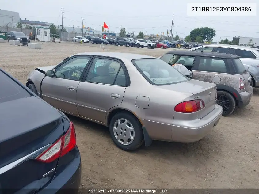 2000 Toyota Corolla Ce/Le VIN: 2T1BR12E3YC804386 Lot: 12356215